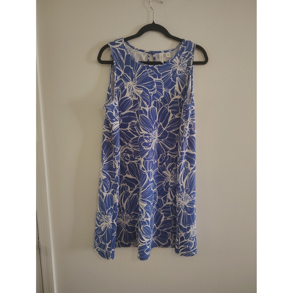 Tacera Womens XL Blue White Tropical Floral Sleeveless‎ Shift Dress Summer Knit